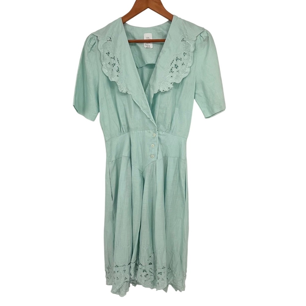 Vintage Y2K Light Mint Green Button Front Eyelet Collar Dress Size 10 Feminine - Picture 2 of 15